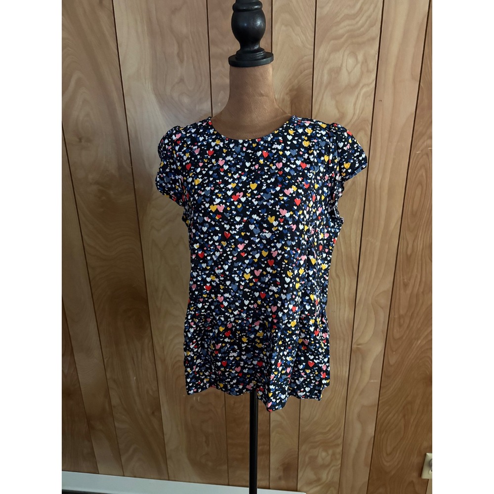 Loft Womens Heart Print Peplum Blouse Black Multi‎ Color Cap Sleeve Top XS